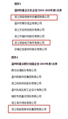 绿森荣获温州市重点文化企业和重点数字创意企业双项殊荣